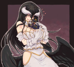 Rule 34 | 1girl, ainz ooal gown, albedo (overlord), bare shoulders, black feathers, black hair, black wings, breasts, chibi, cleavage, commentary request, demon girl, demon horns, demon wings, detached collar, dress, feathered wings, feathers, gloves, hair between eyes, heart, hip focus, hip vent, horns, jewelry, large breasts, long hair, low wings, necklace, open mouth, overlord (maruyama), saliva, skeleton, slit pupils, solo, user xgpy8228, white dress, white gloves, wings, yellow eyes