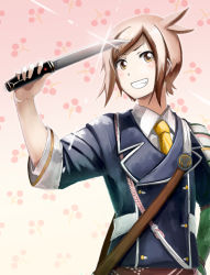 Rule 34 | 10s, 1boy, bad id, bad pixiv id, blush, brown eyes, brown hair, buttons, cowlick, double-breasted, grin, hair ornament, hairclip, hand on own hip, houchou toushirou, kodama yamabiko, looking at viewer, male focus, military, military uniform, necktie, patterned background, pink background, short sword, smile, solo, sword, tantou, touken ranbu, uniform, upper body, weapon, yellow necktie