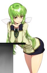 Rule 34 | 1girl, arm support, belt, belt buckle, black skirt, blush, buckle, buttons, c.c., code geass, cowboy shot, creayus, gold trim, green hair, green necktie, hair between eyes, hair ribbon, leaning forward, long hair, long sleeves, miniskirt, necktie, parted lips, ribbon, shiny skin, sidelocks, simple background, skirt, sleeve cuffs, smile, solo, standing, table, thighs, tsurime, uniform, very long hair, white background, white ribbon, yellow eyes
