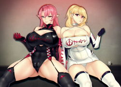 Rule 34 | ass, azur lane, bare shoulders, black gloves, black legwear, black leotard, blonde hair, blue eyes, breasts, bursting breasts, cameltoe, cleavage, cleft of venus, clothing cutout, covered navel, criss-cross halter, detached sleeves, duke of york (azur lane), duke of york (prestige of the glorious formula) (azur lane), elbow gloves, garter straps, gloves, halterneck, large breasts, leotard, long hair, looking at viewer, parted bangs, parted lips, pink hair, pink lips, pointy ears, ponytail, prince of wales (azur lane), prince of wales (the laureate&#039;s victory lap) (azur lane), race queen, red eyes, sitting, skindentation, smile, spread legs, swept bangs, thighhighs, underboob cutout, very long hair, white legwear, zcune