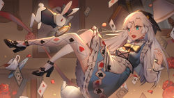 Rule 34 | 1girl, absurdres, ace (playing card), ace of spades, alice (alice in wonderland), alice in wonderland, card, cup, green eyes, high heels, highres, kettle, open mouth, playing card, rabbit, solo, spade (shape), white hair, xtears kitsune