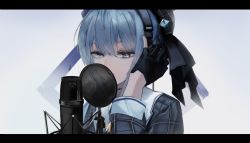 Rule 34 | 1girl, absurdres, beret, black gloves, blue hair, commentary request, gloves, grey eyes, hair between eyes, hands on headphones, hat, headphones, highres, hololive, hoshimachi suisei, hoshimachi suisei (streetwear), letterboxed, long sleeves, mane031210, microphone, shirt, short hair, simple background, solo, studio microphone, upper body, virtual youtuber, white background