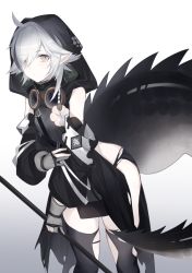 Rule 34 | 1girl, absurdres, ahoge, arknights, black shirt, black thighhighs, cowboy shot, crocodilian tail, flower, gloves, goggles, goggles around neck, grey background, grey gloves, grey hair, hair over one eye, highres, holding, holding stick, hood, hood up, hooded shirt, looking at viewer, multicolored hair, pappap, partially fingerless gloves, pointy ears, shirt, short hair, simple background, solo, standing, stick, streaked hair, tail, thighhighs, tomimi (arknights), torn clothes, torn thighhighs, white flower, yellow eyes