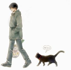 Rule 34 | 00s, 1boy, bag, bell, black cat, black hair, carrying, cat, collar, darker than black, denim, fish, full body, grocery bag, hand in pocket, hei (darker than black), jacket, jeans, male focus, mao (darker than black), pants, profile, purple eyes, shoes, shopping bag, simple background, solo, thought bubble, walking, white background