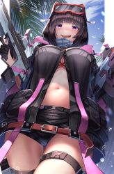 Rule 34 | 1girl, absurdres, black gloves, black hair, black jacket, black shorts, blush, breasts, fate/grand order, fate (series), gloves, goggles, goggles on head, gun, has bad revision, has downscaled revision, highres, jacket, large breasts, long hair, long sleeves, looking at viewer, md5 mismatch, navel, open clothes, open mouth, osakabehime (fate), osakabehime (swimsuit archer) (fate), osakabehime (swimsuit archer) (first ascension) (fate), purple eyes, resolution mismatch, short shorts, shorts, ski goggles, smile, solo, source smaller, suraimu (suraimuraimu), thigh strap, thighs, twintails, very long hair, wavy mouth, weapon