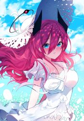 Rule 34 | arms behind back, blue eyes, blush, breasts, cloud, dress, frilled dress, frills, hat, highres, large breasts, long hair, medium breasts, open mouth, original, petals, red hair, ribbon, sky, very long hair, w (w64851564), white dress