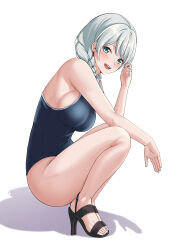 Rule 34 | 1girl, absurdres, arm on knee, bang dream!, bare arms, bare legs, bare shoulders, blue eyes, blue one-piece swimsuit, blush, braid, breasts, commentary request, from side, full body, grey hair, hand up, high heels, highres, holding, holding own hair, large breasts, long hair, looking at viewer, looking to the side, low twin braids, low twintails, no socks, one-piece swimsuit, parted lips, ptal, sandals, school swimsuit, shadow, sidelocks, simple background, smile, solo, squatting, swimsuit, twin braids, twintails, upper body, wakamiya eve, white background