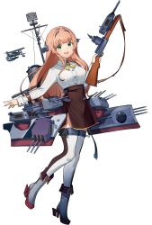 Rule 34 | 1girl, absurdres, aircraft, airplane, biplane, boots, breasts, brown skirt, gun, headgear, helena (kancolle), helena kai (kancolle), highres, holding, holding gun, holding weapon, kantai collection, light brown hair, long hair, long sleeves, open mouth, rigging, rudder footwear, side slit, simple background, skirt, solo, thighhighs, weapon, white background, white thighhighs, yamano (yamanoh), yellow neckwear
