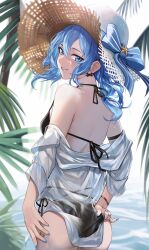 Rule 34 | 1girl, absurdres, anizi, back, bare shoulders, bikini, black bikini, blue eyes, blue hair, blue nails, earrings, from behind, grin, hat, highres, hololive, hoshimachi suisei, jewelry, looking at viewer, looking back, medium hair, nail polish, see-through, shirt, smile, solo, straw hat, swimsuit, virtual youtuber, wet, wet clothes, wet shirt