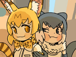 Rule 34 | 2girls, :3, :t, animal ear fluff, animal ears, animal print, ap dul, backlighting, bare shoulders, blonde hair, blush stickers, bow, bowtie, breast pocket, brown eyes, close-up, closed mouth, commentary, commentary request, dot nose, elbow gloves, eye contact, from side, fur collar, gloves, grey eyes, grey gloves, grey hair, half-closed eye, hand up, kemono friends, looking at another, looking to the side, multicolored hair, multiple girls, otter ears, otter tail, outdoors, photo-referenced, pocket, portrait, print bow, print neckwear, serval (kemono friends), serval print, serval tail, shirt, short hair, signature, sleeveless, sleeveless shirt, small-clawed otter (kemono friends), striped tail, tail, tareme, traditional bowtie, two-tone hair, v-shaped eyebrows, white hair, white shirt