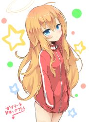 Rule 34 | 10s, 1girl, :&lt;, ahoge, blonde hair, blue eyes, blush, commentary request, copyright name, cowboy shot, gabriel dropout, gabriel tenma white, hair between eyes, halo, hands in pockets, jacket, long hair, long sleeves, looking at viewer, messy hair, no pants, shibainu kisetsu, solo, star (symbol), track jacket, very long hair
