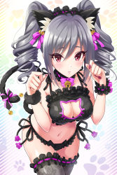 Rule 34 | 10s, 1girl, animal ears, bell, black panties, blush, bow, breasts, cat cutout, cat ear panties, cat ears, cat lingerie, cat tail, choker, cleavage, cleavage cutout, clothing cutout, frilled thighhighs, frills, green hair, hairband, idolmaster, idolmaster cinderella girls, jingle bell, kanzaki ranko, large breasts, looking at viewer, meme attire, nail polish, navel, neck bell, panties, parted lips, paw pose, red eyes, side-tie panties, solo, tail, tail bow, tail ornament, thighhighs, twintails, underwear, urabi (tomatohouse), wrist cuffs, wristband