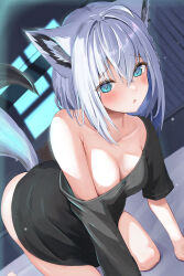 Rule 34 | 1girl, absurdres, all fours, animal ears, aqua eyes, breasts, cleavage, collarbone, covered erect nipples, crossed bangs, fox ears, fox girl, fox tail, grey hair, hair between eyes, hanging breasts, highres, hololive, long hair, looking at viewer, loose clothes, loose shirt, medium breasts, no bra, open mouth, shirakami fubuki, shirt, single bare shoulder, solo, tail, torakichi 888, virtual youtuber