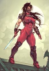 Rule 34 | 1girl, abs, armor, black hair, bodysuit, breasts, brown eyes, brown hair, covered erect nipples, covered navel, highres, janrock, japanese armor, kodachi, large breasts, long hair, menpoo, muscular, muscular female, namco, ninja, ponytail, short sword, skin tight, solo, soul calibur, sword, tabi, taki (soulcalibur), thick thighs, thighs, weapon