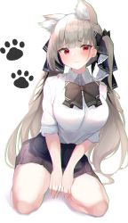 Rule 34 | 1girl, alternate costume, animal ears, azur lane, black bow, black skirt, blush, bow, breasts, cat ears, collared shirt, dress shirt, formidable (azur lane), grey hair, highres, kemonomimi mode, kneeling, large breasts, long hair, looking at viewer, nephthys2356, red eyes, ribbon, shirt, short sleeves, simple background, skirt, thighs, twintails, two-tone ribbon, very long hair, white background, white shirt
