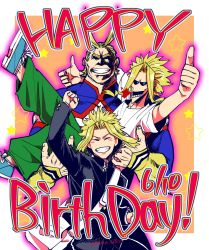 Rule 34 | 10s, 3boys, age progression, all might, arm up, bad id, bad twitter id, blonde hair, bodysuit, boku no hero academia, carrying, clenched hand, closed eyes, gakuran, happy birthday, male focus, multiple boys, multiple persona, muscular, outside border, oversized clothes, princess carry, school uniform, smile, superhero costume, thumbs up, touko (rinto), yagi toshinori