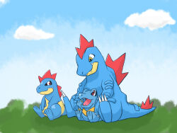 Rule 34 | blue sky, claws, cloud, creatures (company), croconaw, evolutionary line, fangs, feraligatr, game freak, gen 2 pokemon, mimi livly, nintendo, no humans, nostrils, open mouth, outdoors, pokemon, pokemon (creature), red eyes, sharp teeth, sitting, sky, teeth, totodile, yellow eyes