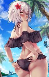 Rule 34 | 1girl, adjusting clothes, adjusting swimsuit, ahoge, alternate costume, ass, bangle, bikini, black bikini, blue sky, blush, bracelet, breasts, bug, butt crack, butterfly, cloud, commentary request, cowboy shot, day, dutch angle, fate/grand order, fate (series), fingernails, flower, frilled bikini, frills, from behind, hair between eyes, hair flower, hair ornament, hibiscus, insect, jeanne d&#039;arc (fate), jeanne d&#039;arc alter (avenger) (fate), jeanne d&#039;arc alter (fate), jewelry, large breasts, looking at viewer, looking back, marisasu (marisa0904), mole, mole on thigh, nail polish, ocean, off-shoulder bikini, off shoulder, one-piece tan, open mouth, outdoors, palm tree, red flower, red nails, short hair, shoulder blades, sidelocks, silver hair, skindentation, sky, solo, standing, strap gap, sweat, swimsuit, tan, tanline, thighs, tree, wet, yellow eyes
