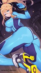 Rule 34 | 1girl, ass, blonde hair, blue bodysuit, bodysuit, breasts, cameltoe, from behind, hair between eyes, high heels, high ponytail, knee up, large breasts, lips, long hair, looking at viewer, looking back, metroid, mole, mole under mouth, nanoless, nintendo, parted lips, ponytail, samus aran, shiny clothes, shiny skin, skin tight, solo, super smash bros., teeth, zero suit
