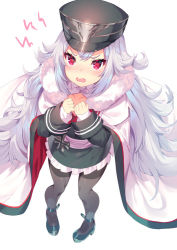 Rule 34 | azur lane, breasts, cape, cleavage cutout, clothing cutout, cross, frown, graf zeppelin (azur lane), hand on own chest, hat, iron cross, military, military uniform, open mouth, pantyhose, peaked cap, pleated skirt, red eyes, silver hair, skirt, small breasts, solo, uniform, yoshimoto (dear life), aged down, zeppy (azur lane)