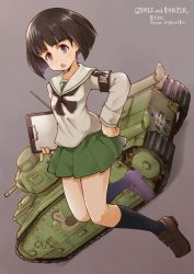 Rule 34 | 10s, 1girl, armband, bird, black eyes, black hair, black neckerchief, black socks, blouse, blunt bangs, bob cut, brown footwear, char b1, character name, clipboard, commentary request, copyright name, duck, dutch angle, emblem, frown, full body, girls und panzer, green skirt, grey background, hand on own hip, holding, kneehighs, loafers, long sleeves, looking at viewer, military, military vehicle, miniskirt, motor vehicle, neckerchief, ooarai (emblem), ooarai school uniform, open mouth, pleated skirt, satomura kyou, school uniform, serafuku, shirt, shoes, short hair, skirt, socks, solo, sono midoriko, standing, standing on one leg, tank, white shirt