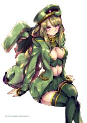 Rule 34 | 1girl, blush, breasts, embarrassed, geara zulu, green hair, gundam, gundam unicorn, hat, highres, i.takashi, jacket, large breasts, looking at viewer, mecha musume, open clothes, open jacket, personification, red eyes, sitting, skirt, solo, thighhighs, white background