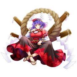 Rule 34 | 1girl, black skirt, breasts, brown footwear, closed mouth, full body, game cg, hair ornament, highres, large breasts, layered sleeves, leaf hair ornament, long sleeves, looking at viewer, mirror, onbashira, purple hair, red eyes, red skirt, rope, rotte (1109), sandals, shide, shimenawa, short hair, short over long sleeves, short sleeves, simple background, skirt, smile, solo, third-party source, touhou, touhou lostword, two-tone skirt, white background, yasaka kanako, zouri