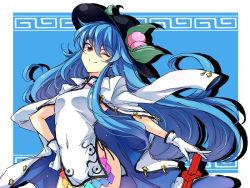 Rule 34 | 1girl, adapted costume, blue hair, china dress, chinese clothes, covered navel, dress, female focus, food, fruit, gloves, hand on own hip, hat, hinanawi tenshi, jacket, jacket on shoulders, leaf, long hair, looking at viewer, no panties, one eye closed, peach, red eyes, sketch, smile, solo, sword of hisou, touhou, touya (the-moon), white gloves, wink