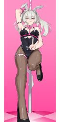 Rule 34 | 1girl, absurdres, animal ears, anstatic, arm above head, armband, armpits, black footwear, black leotard, blush, border, bow, breasts, cat ears, cat tail, detached collar, fake animal ears, foreshortening, grey hair, hair between eyes, highres, hololive, legs, leotard, looking at viewer, medium breasts, pantyhose, pink background, pink bow, playboy bunny, rabbit ears, rabbit hole (vocaloid), shishiro botan, smile, solo, standing, standing on one leg, tail, thigh strap, thighs, tongue, tongue out, v, virtual youtuber, white border