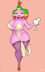 Rule 34 | 1girl, absurdres, alcohol, animal, animal on head, bare shoulders, bird, bird on head, black eyes, black outline, black thighhighs, blonde hair, blue eyeshadow, breasts, cleavage, closed mouth, cocktail glass, colored skin, cup, curvy, dress, drink, drinking glass, eyelashes, eyeshadow, food, frown, fruit, green bird, green hair, half-closed eyes, hand on own hip, highres, holding, holding cup, large breasts, legs together, lime (fruit), lips, looking at viewer, makeup, margarita, mario (series), mehdrawings, multicolored hair, nintendo, nostrils, on head, orange bird, orange footwear, orange hair, outline, parrot, pelvic curtain, pink background, pink skin, shiny skin, simple background, solo, standing, strapless, strapless dress, super mario rpg, thick lips, thick thighs, thighhighs, thighs, valentina (super mario rpg), walking, white dress, white outline, wide hips, yellow bird