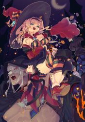 Rule 34 | 1boy, 1girl, bandages, bare shoulders, belt, blonde hair, boots, breasts, candy, crescent moon, detached sleeves, food, gloves, granblue fantasy, green eyes, halloween, hat, highres, hood, large breasts, long hair, moon, pointy ears, red eyes, sharp teeth, teeth, thighhighs, tian you, twintails, vaseraga, wide sleeves, witch hat, zeta (granblue fantasy), zeta (halloween) (granblue fantasy)