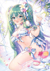 Rule 34 | 1girl, apple caramel, aqua eyes, arm garter, bare shoulders, bead bracelet, beads, bikini, blue choker, bow, bracelet, breasts, choker, cleavage, cup, drinking glass, flower, frilled bikini, frills, green hair, hair bow, hair flower, hair ornament, hand up, hatsune miku, highres, jewelry, long hair, looking at viewer, medium breasts, navel, open mouth, plate, smile, solo, stomach, swimsuit, thigh strap, thighs, tropical drink, twintails, very long hair, vocaloid, water, white bikini, wrist cuffs