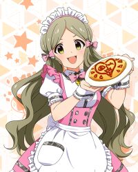 Rule 34 | 1girl, apron, blush, bow, bowtie, breasts, butterfly ornament, dot nose, dress, fluffy hair, food, food art, frilled apron, frilled skirt, frills, grey hair, hair ribbon, handa roco, holding, holding plate, idolmaster, idolmaster million live!, idolmaster million live! theater days, ketchup, long hair, looking at viewer, maid headdress, official alternate costume, official art, omelet, omurice, open mouth, parted bangs, pink bow, pink bowtie, pink dress, pink ribbon, plate, pretty waitress (idolmaster), puffy short sleeves, puffy sleeves, ribbon, shirt, short sleeves, skirt, small breasts, solo, star (symbol), starry background, thighhighs, twintails, upper body, v-shaped eyebrows, very long hair, waist apron, wavy hair, white apron, white shirt, white thighhighs, wrist cuffs