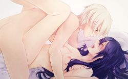 Rule 34 | 1boy, 1girl, ass, blue hair, blush, breasts, brown eyes, closed eyes, couple, fire emblem, fire emblem awakening, hetero, long hair, lucina (fire emblem), lying, missionary, my unit, nintendo, nipples, nude, on back, on bed, open mouth, purple hair, robin (fire emblem), robin (male) (fire emblem), saliva, saliva trail, sex, short hair, small breasts, super smash bros., sweat, tears, tusia, vaginal, white hair