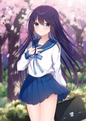 Rule 34 | 1girl, absurdres, blue bow, blue eyes, blue sailor collar, blue skirt, blush, bow, briefcase, closed mouth, commentary request, commission, day, hair between eyes, hand up, highres, holding, long hair, long sleeves, looking at viewer, original, outdoors, petals, pixiv commission, pleated skirt, puffy long sleeves, puffy sleeves, purple hair, sailor collar, school briefcase, school uniform, serafuku, shirt, skirt, smile, solo, taiyaki (astre), tree, very long hair, white shirt