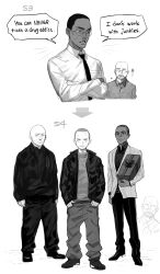 Rule 34 | 4boys, absurdres, animification, bald, breaking bad, collared shirt, crossed arms, dark-skinned male, dark skin, english text, facial hair, gift, glasses, goatee, greyscale, gustavo fring, hair behind ear, highres, holding, holding gift, jacket, jesse pinkman, ma2 ereki, male focus, mike ehrmantraut, monochrome, multiple boys, necktie, parted lips, round eyewear, shirt, short hair, speech bubble, straight-on, sweat, nervous sweating, very short hair, walter white