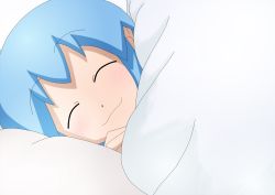 Rule 34 | 1girl, :3, ^ ^, bed, blanket, blue hair, close-up, closed eyes, gandoru, happy, ikamusume, pillow, shinryaku! ikamusume, sleeping, smile, solo, under covers