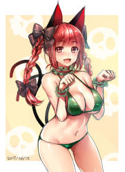 Rule 34 | 1girl, animal ears, bad id, bad pixiv id, bare shoulders, bikini, black bow, bow, braid, breasts, cat ears, cat tail, cleavage, cowboy shot, dated, fang, green bikini, hair bow, halterneck, highres, kaenbyou rin, large breasts, long hair, looking at viewer, navel, open mouth, paw pose, red eyes, red hair, sketch, skull, smile, solo, swimsuit, tail, touhou, tsukiriran, twin braids, wrist cuffs