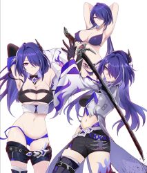 1girl acheron_(honkai:_star_rail) bikini black_bra black_gloves black_shorts boots bra breasts coat commentary_request gloves hair_over_one_eye highres holding holding_sword holding_weapon honkai:_star_rail honkai_(series) large_breasts leg_tattoo long_hair midriff navel open_clothes open_coat panties pubic_tattoo purple_bikini purple_eyes purple_hair purple_panties saint_laurent_paris short_shorts shorts simple_background swimsuit sword tattoo thigh_boots underwear weapon white_background white_coat