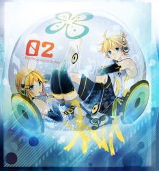 Rule 34 | 1boy, 1girl, aqua eyes, arm warmers, bad id, bad pixiv id, blonde hair, blue eyes, brother and sister, detached sleeves, hair ornament, hair ribbon, hairclip, headphones, in container, kagamine len, kagamine len (append), kagamine rin, kagamine rin (append), kumaru, leg warmers, ribbon, short hair, shorts, siblings, sitting, smile, twins, vocaloid, vocaloid append