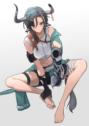 Rule 34 | 1girl, animal ears, aqua hair, arknights, barefoot, black eyes, black hair, black shorts, broken horn, closed mouth, cow ears, cow girl, cow horns, crop top, gradient background, hair between eyes, highres, holding, holding shoes, horns, infection monitor (arknights), liang chan xing make tu, multicolored hair, navel, shoes, unworn shoes, short hair, short shorts, shorts, sitting, solo, stomach, streaked hair, thigh strap, two-tone hair, white background, wind chimes (arknights)