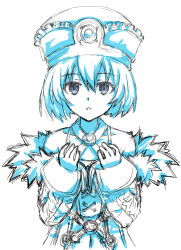 Rule 34 | 1girl, bare shoulders, blanc (neptunia), blue eyes, choujigen game neptune, coat, commentary request, dress, expressionless, fur trim, hair between eyes, hat, highres, kow seven, long sleeves, monochrome, neptune (series), open mouth, ribbon, short hair, simple background, solo, spaghetti strap, upper body, white background