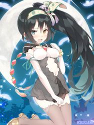 Rule 34 | 1girl, bangle, black hair, black thighhighs, blue eyes, blush, bracelet, breasts, covering privates, covering crotch, crescent moon, ebisque, elbow gloves, eyebrows, gloves, hair between eyes, hair ornament, hairband, heterochromia, jewelry, kneeling, long hair, medium breasts, moon, navel, night, official art, open mouth, outdoors, shoes, side ponytail, skull hair ornament, solo, sparkle, sweatdrop, thighhighs, valhalla valkyries, very long hair, watermark, wavy mouth, white gloves, yellow eyes