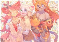 Rule 34 | 1boy, 3girls, aqua eyes, arm around shoulder, blonde hair, blue eyes, blush, body fur, breasts, cat, cleavage, closed eyes, dog, eyebrows, fingerless gloves, furry, furry female, gloves, green eyes, heterochromia, holding, huge breasts, inuki (aruurara), long hair, long sleeves, mouse (animal), multiple girls, narrowed eyes, open mouth, orange hair, paw print, pink hair, purple eyes, red eyes, red hair, short sleeves, skirt, small breasts, smile, thick eyebrows, v arms, white hair, wrist cuffs