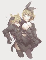 Rule 34 | 1boy, 1girl, 2b (nier:automata), 2b (nier:automata) (cosplay), 9s (nier:automata) (cosplay), ?, ahoge, bad id, bad pixiv id, black dress, blindfold, blindfold slip, blonde hair, blue eyes, boots, bow, brother and sister, carrying, cosplay, dress, gloves, grey background, grin, hair bow, hair ornament, hairclip, headphones, highres, juliet sleeves, kagamine len, kagamine rin, kneehighs, lips, long sleeves, mole, mole under mouth, nier:automata, nier (series), princess carry, puffy sleeves, short hair, shorts, siblings, smile, socks, teeth, thighhighs, twins, vocaloid, yampopo, 9s (nier:automata)