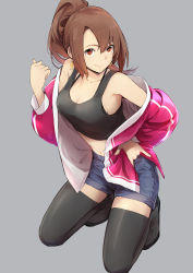 Rule 34 | 1girl, absurdres, bare shoulders, black tank top, black thighhighs, breasts, brown hair, cleavage, earrings, from above, hand up, highres, jacket, jewelry, kneeling, long hair, long sleeves, looking at viewer, m/, medium breasts, midriff, navel, noraico, off shoulder, open clothes, open jacket, original, pink jacket, ponytail, red eyes, shorts, simple background, smile, solo, tank top, thighhighs