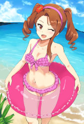 Rule 34 | 0byte, 1girl, ;d, bikini, blush, breasts, brown eyes, brown hair, cleavage, cloud, collarbone, commentary request, day, eyelashes, flower, hair flower, hair ornament, hair tie, hairband, idolmaster, idolmaster (classic), idolmaster 2, innertube, long hair, looking at viewer, minase iori, navel, one eye closed, open mouth, outdoors, pink bikini, pink innertube, red flower, sand, shore, sky, smile, solo, standing, swim ring, swimsuit, tongue, twintails, water