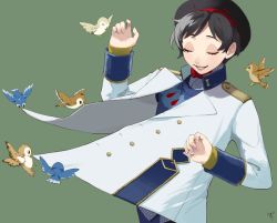 Rule 34 | 1boy, arms up, bird, bishounen, black hair, bow, bowtie, closed eyes, green background, hat, jacket, lips, long sleeves, male focus, neige leblanche, pano (mohayayamai), pulling, pulling another&#039;s clothes, red bow, red bowtie, red neckwear, school uniform, signature, simple background, smile, solo, twisted wonderland