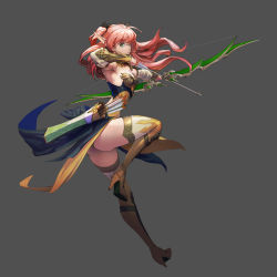 Rule 34 | 1girl, armpits, arrow (projectile), ass, bow (weapon), elf, green eyes, grey background, high heels, highres, leg up, long hair, looking at viewer, loped, pelvic curtain, pink hair, pointy ears, simple background, solo, thighhighs, thighs, weapon, white thighhighs