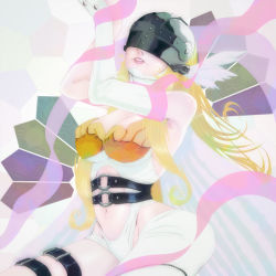 Rule 34 | 1girl, angewomon, armor, asymmetrical clothes, asymmetrical gloves, bare shoulders, belt, blonde hair, breastplate, breasts, cleavage, clothing cutout, covered eyes, digimon, digimon (creature), digimon adventure, elbow gloves, female focus, gerusyu, gloves, groin, head wings, helmet, large breasts, lips, lipstick, long hair, makeup, mismatched gloves, navel, navel cutout, ribbon, single elbow glove, single glove, thigh strap, wings
